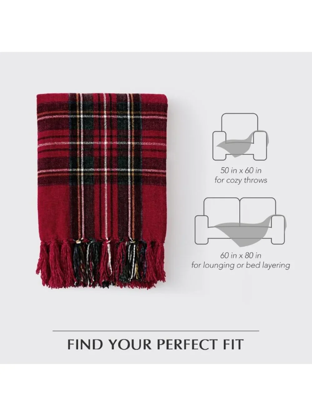 Cozy Red Stewart Plaid Chenille Christmas Throw Blanket, 60